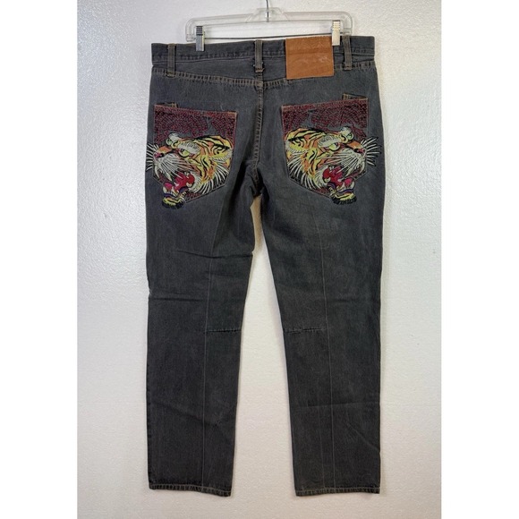 Vtg Ed Hardy Jeans Mens 36x32 Gray Denim Y2K Button Fly Tiger Embroidered Rock